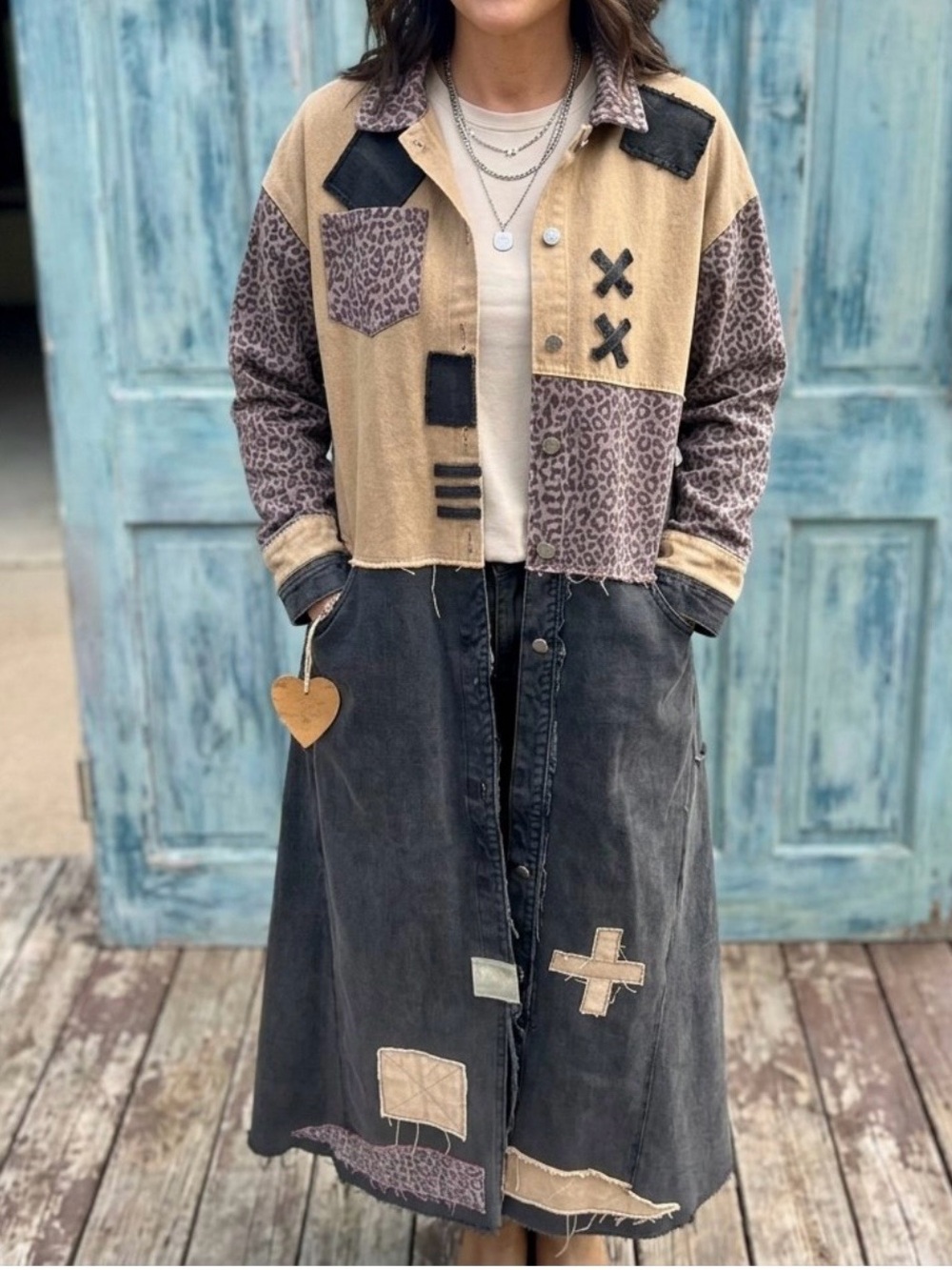 Upcycled zombie apocalypse leopard print tattered patched denim duster jacket - Picture 3 of 13